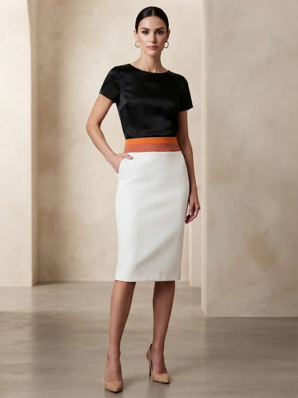 New York & Company Black Top with White Midi Skirt and Orange Waistband